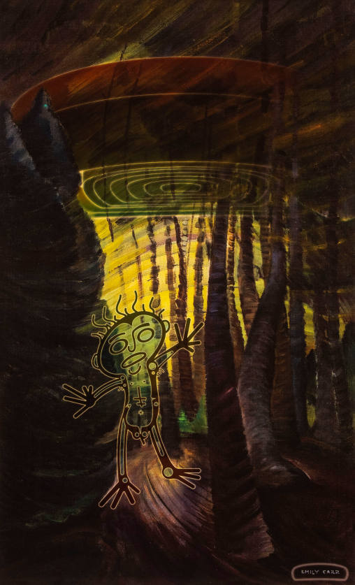 Beware of the intentions of well meaning Aliens, Digital intervention on an Emily Carr Painting (Sombreness Sunlit, 1938)